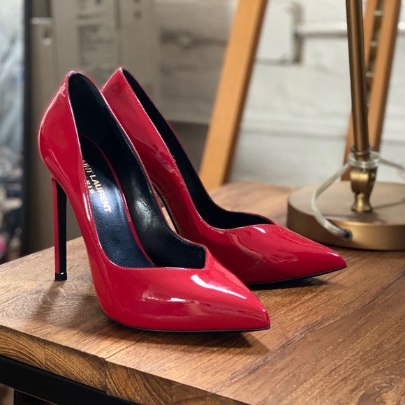 Saint Laurent Red Patent Leather Pointed Toe Pumps - Picture 2 of 6